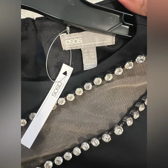 ASOS Design Black Long Sleeve Mesh and Rhinestone Bodycon dress - Picture 7 of 11